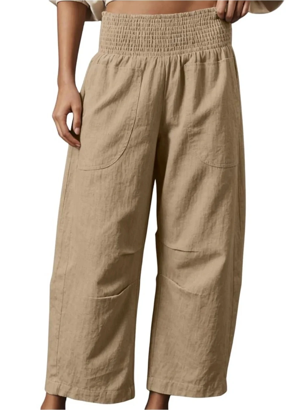 Barrel-Leg Smocked Elastic Waist Pants in Khaki